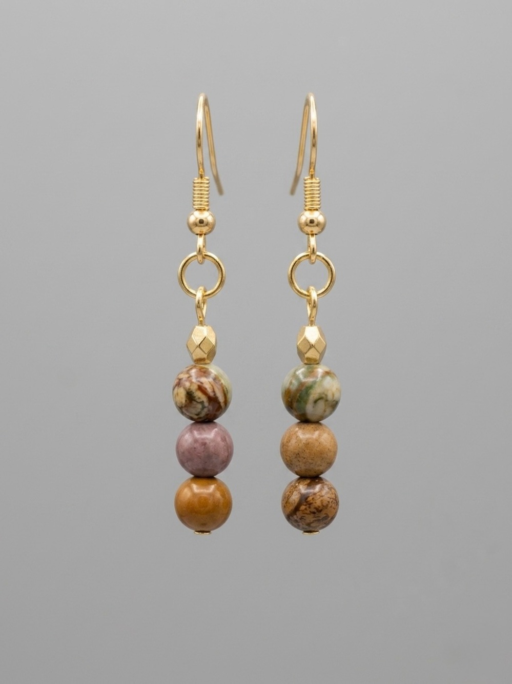Handmade Gold-Tone Multicolor Jasper Bead Drop Earrings